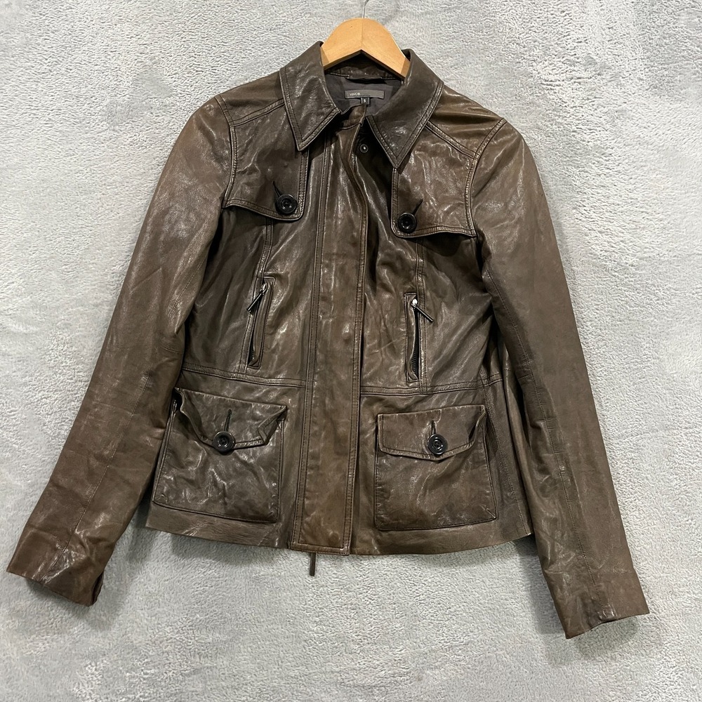 Vince Leather Jacket Womens Small Brown Zip Button  Biker Moto Grunge Y2K Preppy